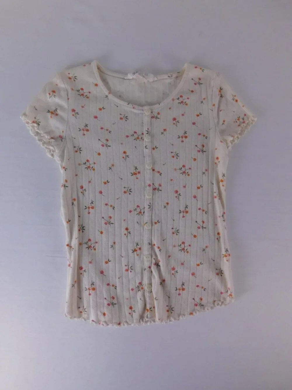 H&M Shirt Girls 12-14 White Floral Button Front Short Sleeve Ruffle Lettuce Hem
